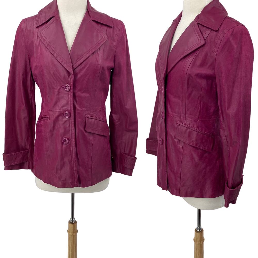 Vintage Leather Jacket Single Breasted Button Down Collared Purple Magenta XS